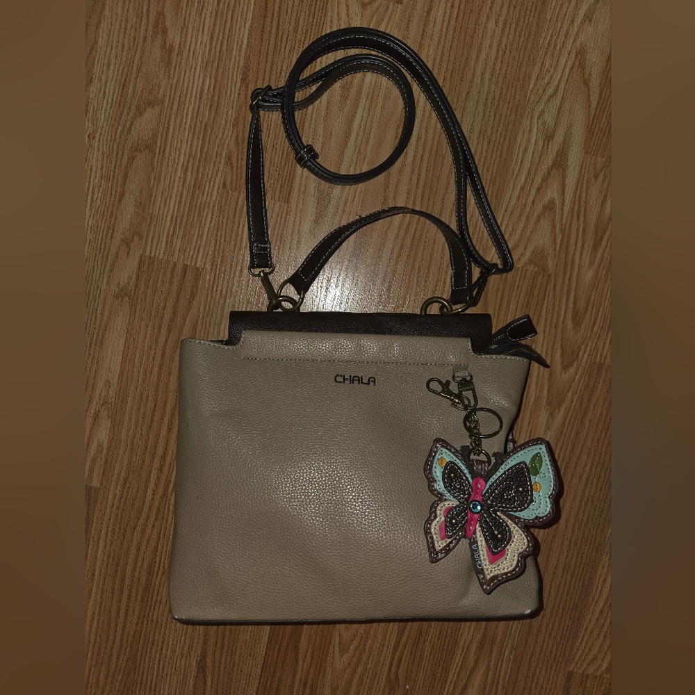 CHALA Handbag Purse Butterfly Adjustable Shoulder Strap Handle VEGAN Brown/tan